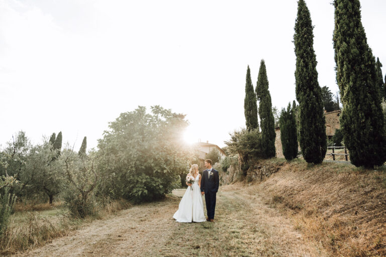 Golden hour on a Tuscan country lane lined with olive trees, La Bottega del Sogno