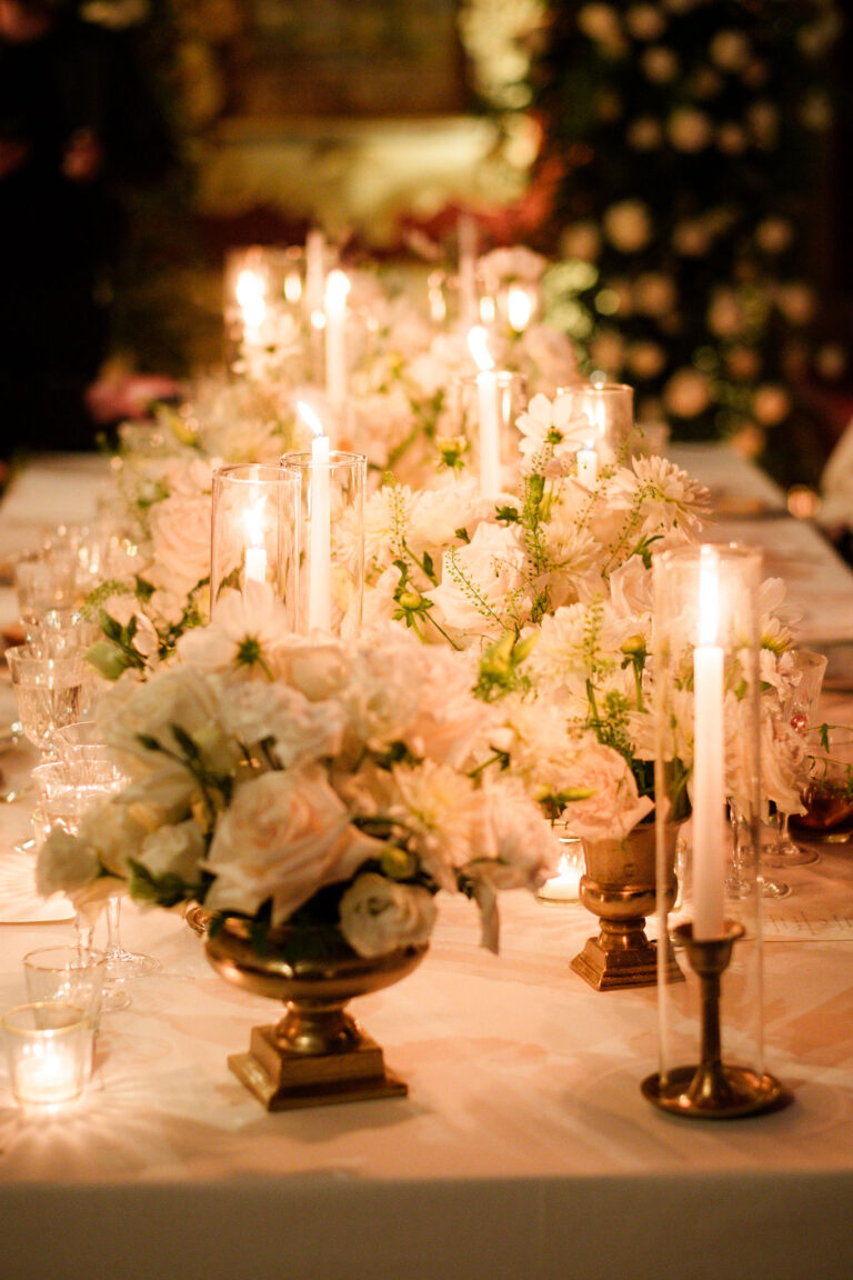 Candles and white roses in gilt urns down the dinner table, Palazzo Santa Croce, Positano, La Calla Events