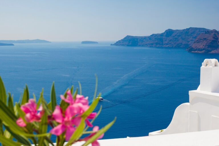 Bougainvillea spilling over a blue Cycladic door, La Maltese Estate
