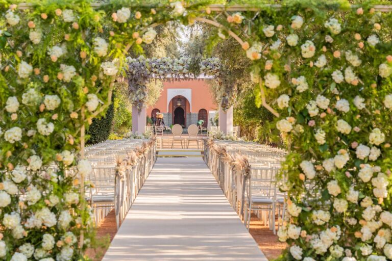 Wedding ceremony set up in the gardens facing Le Menzeh, La Mamounia, Marrakech