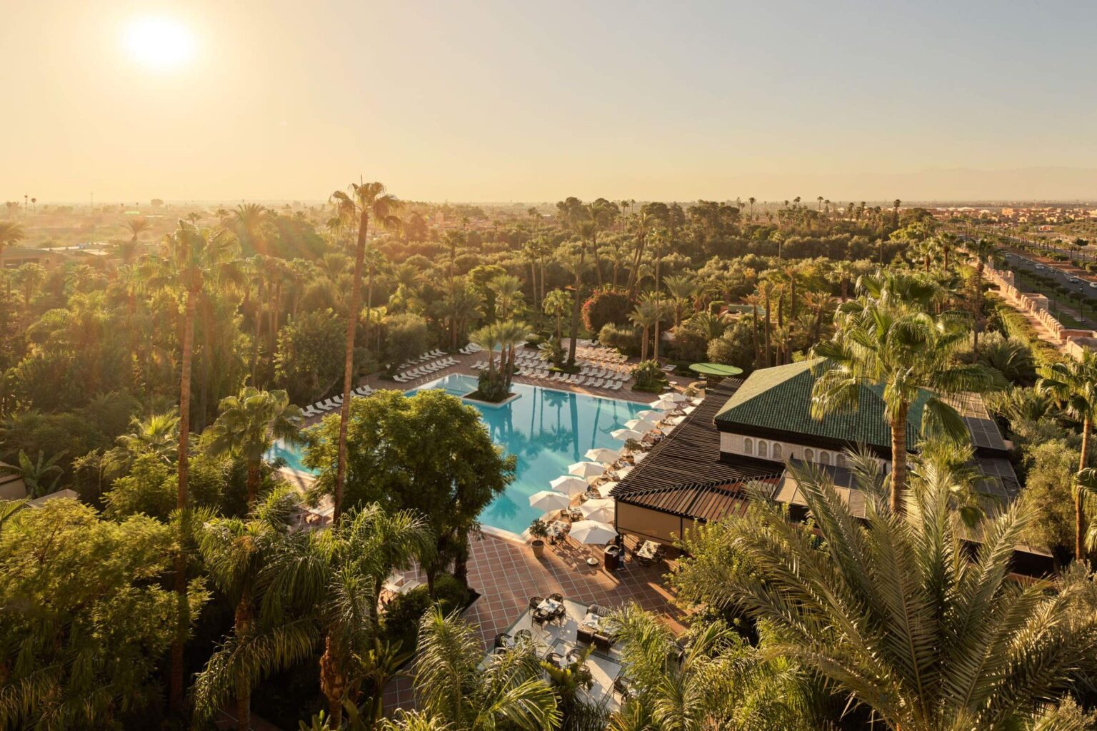An aerial view of La Mamounia and its gardens
