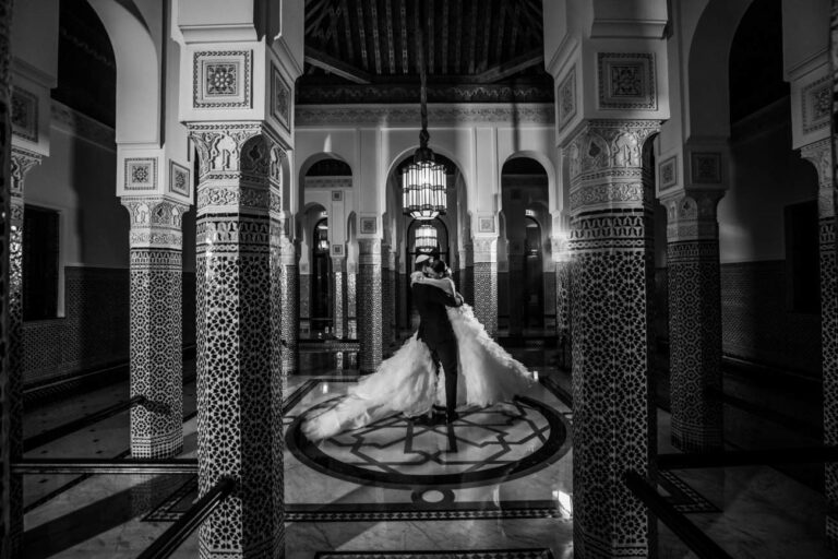 Newlyweds in a tiled hall of the hotel, La Mamounia, Marrakech