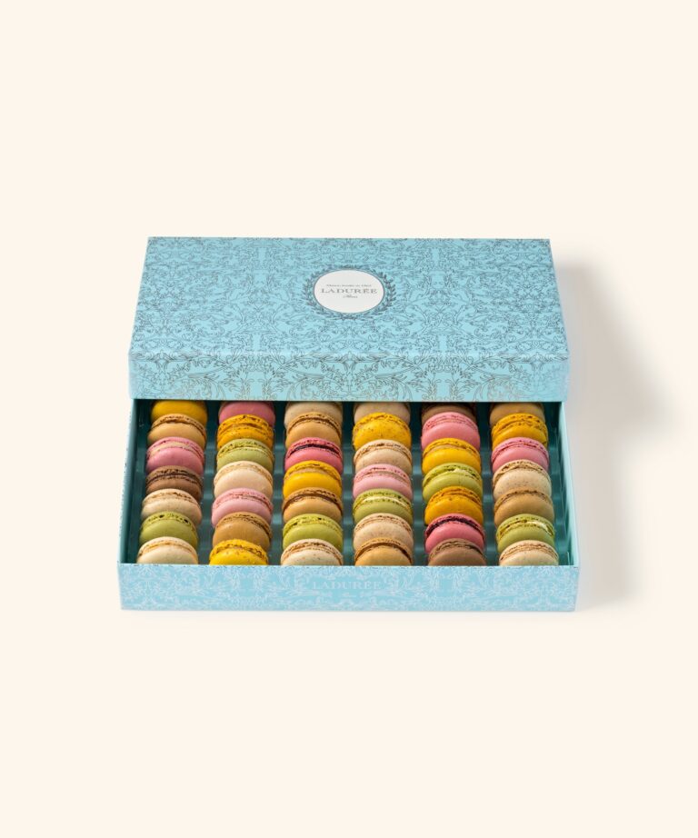 Arabesque box of 42 macarons in blue, Ladurée