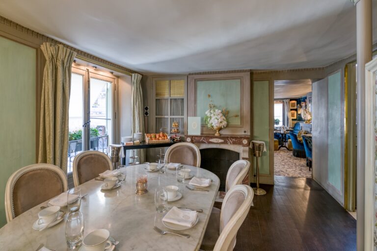 First-floor lounge laid for a private lunch, Ladurée Bonaparte, Paris, Ladurée