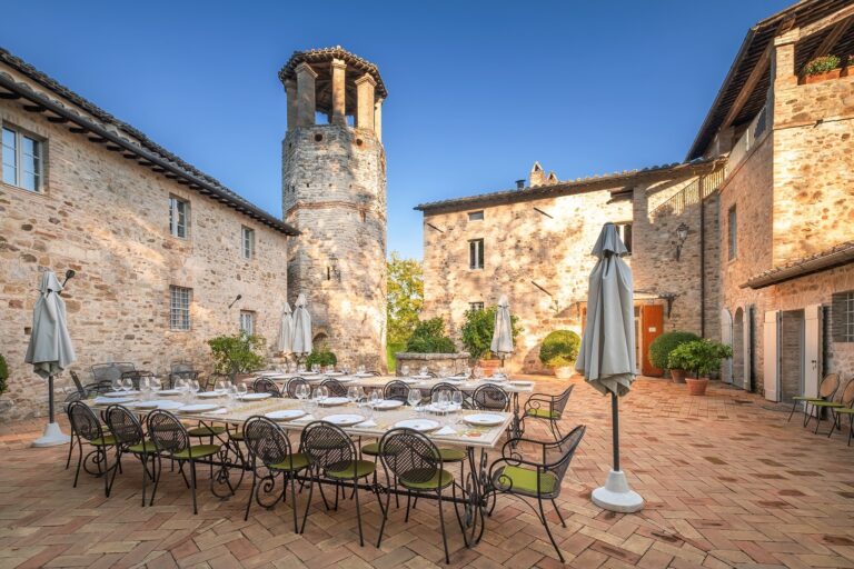 The inner courtyard of Pieve San Quirico Castle, Le Torri di Bagnara Castles