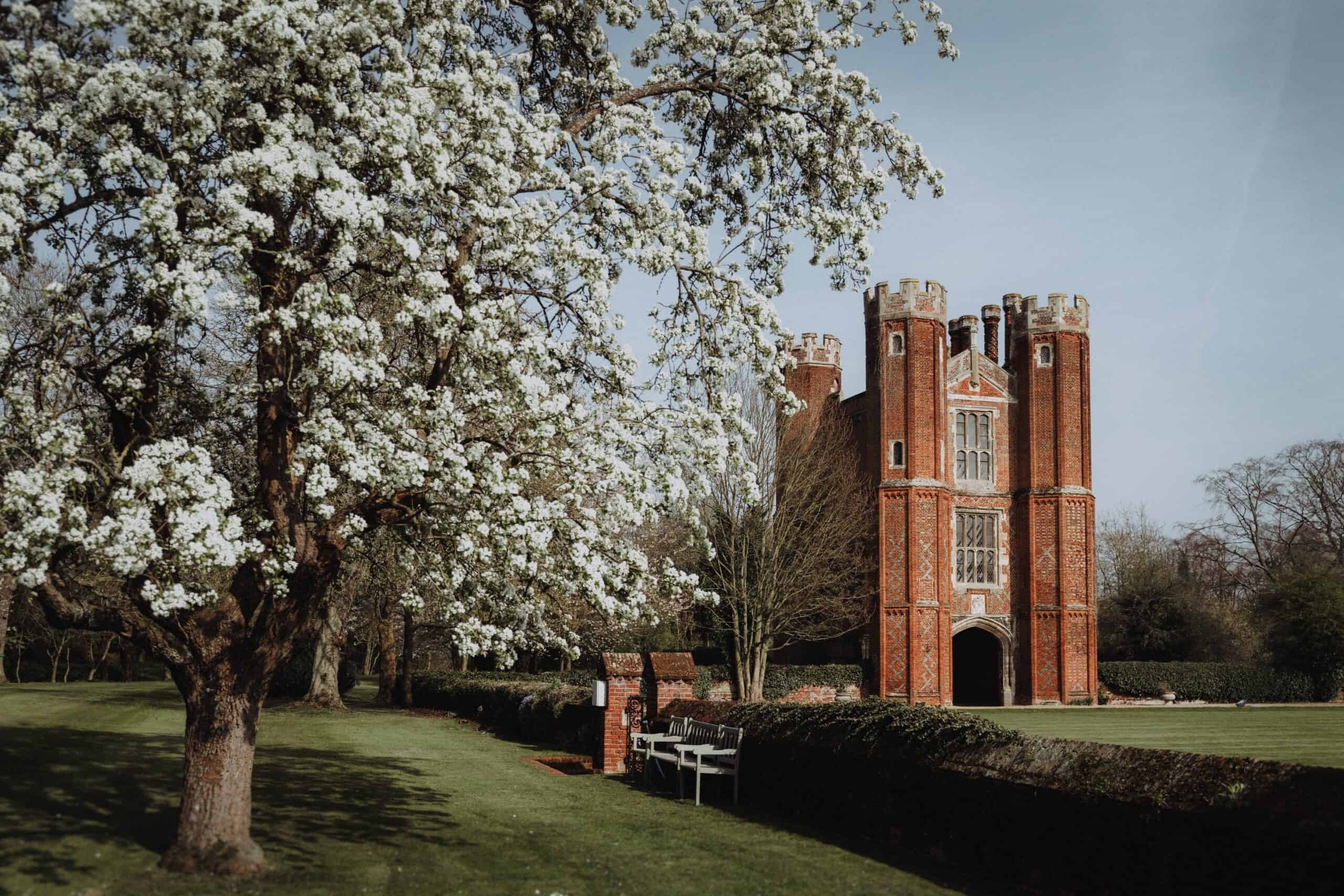 The four-turreted Tudor Great Tower framed by spring blossom in the grounds of Leez Priory, Leez Priory