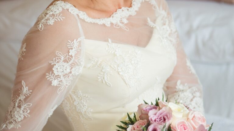Lace sleeve and neckline of a bridal gown, Lesley Cutler Bridal Wear
