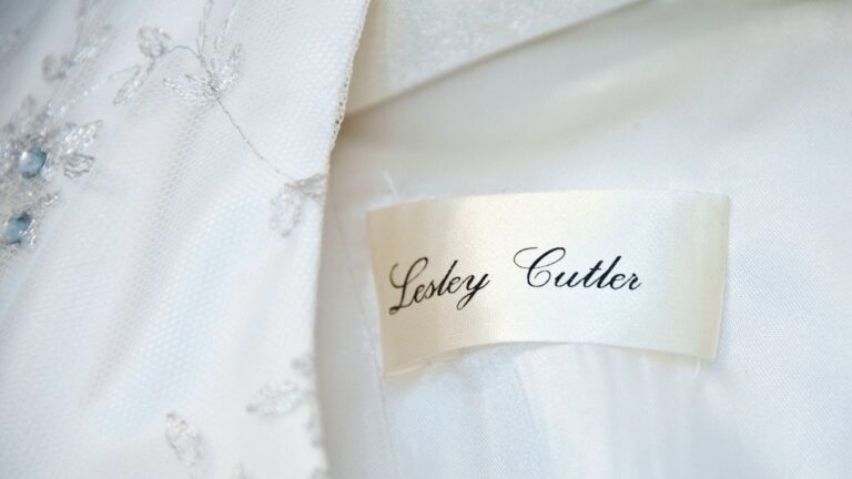 Lesley Cutler label inside a gown with beaded embroidery, Lesley Cutler Bridal Wear