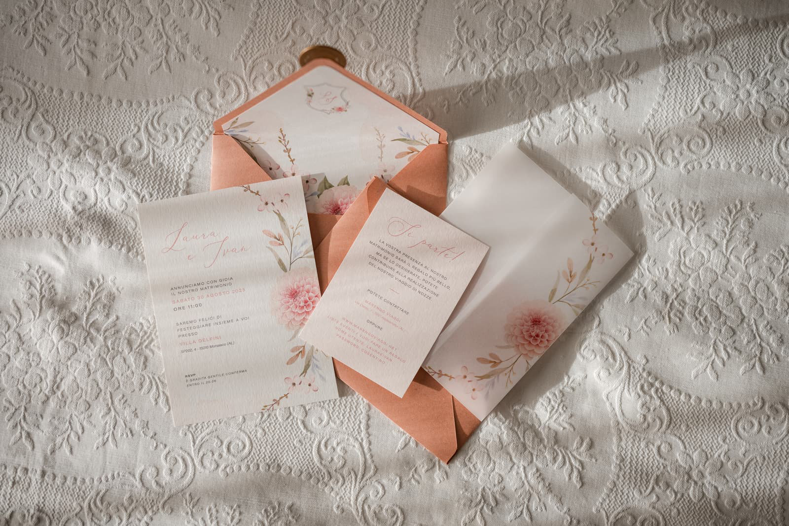Printed invitation suite in peach and cream on textured linen, Letizia T. Events