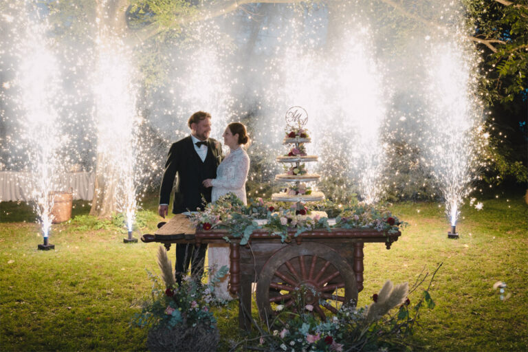 Couple cutting the cake on a flower-dressed cart with cold-spark fountains behind, Letizia T. Events