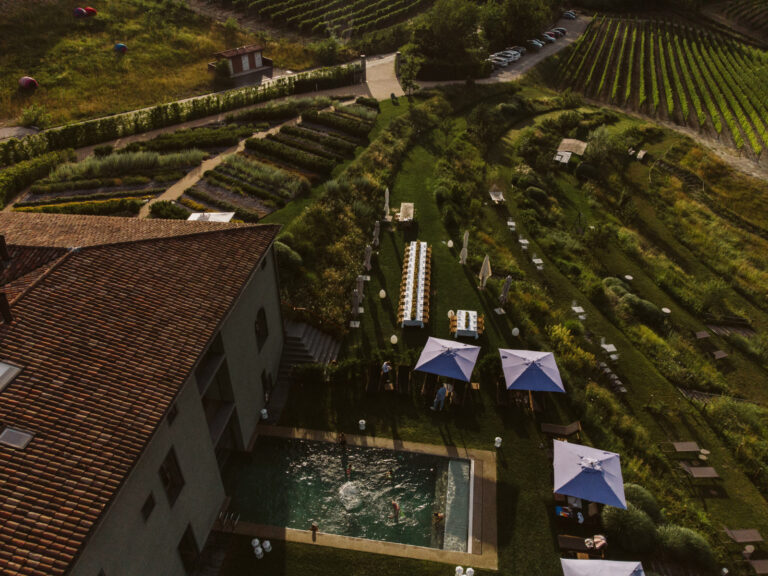 Aerial view of the estate, pool and ceremony lawn used for a Gavi wedding, Letizia T. Events