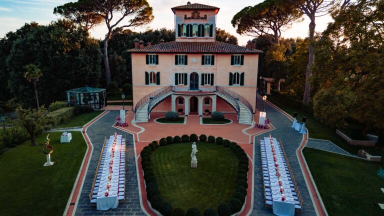 From above: Villa Valentini Bonaparte with the dinner tables laid either side of the garden, Light & Dreams