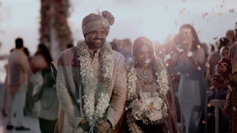 Lihini and Akhil showered with petals after their beach ceremony, Cinnamon Bentota Beach (film still), Lights and Magic