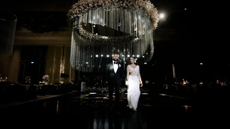 Chanuka and Dihana make their entrance beneath a crystal chandelier, Sri Lanka (film still), Lights and Magic