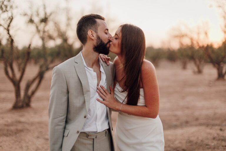 The couple in an olive grove at sunset, Marrakech, Lina + Tom Photography