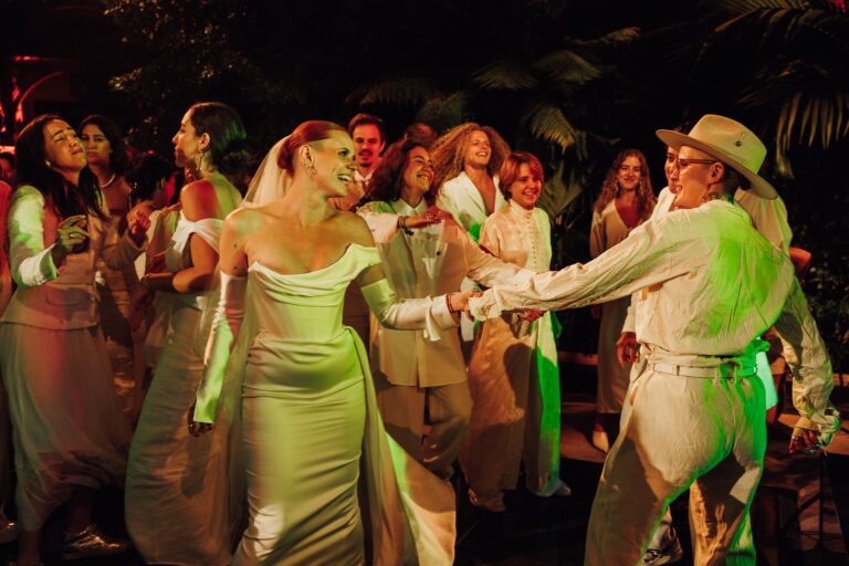The couple on the dancefloor with their guests, Kew Gardens wedding, Lina + Tom Photography