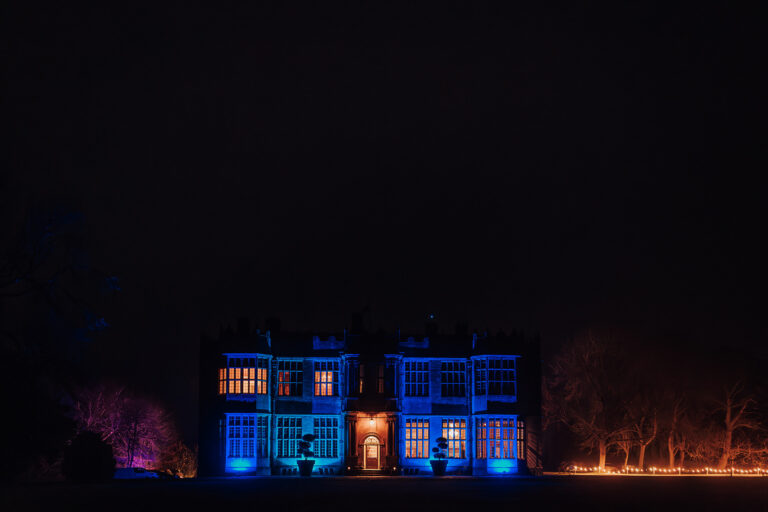 Howsham Hall lit up after dark, Lina + Tom Photography