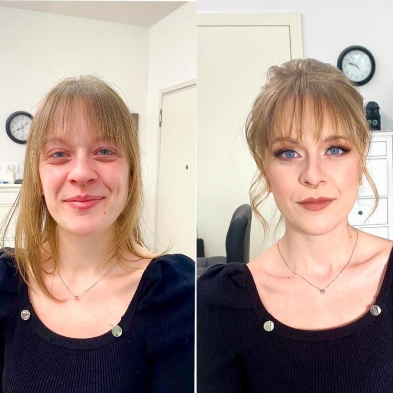 Before and after: soft bridal makeup and an upswept fringe, Lisa Semenzato