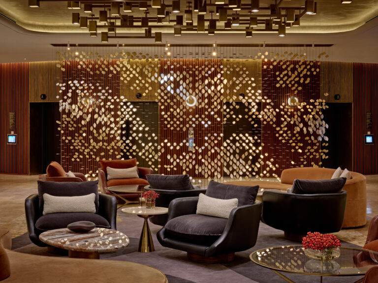 The lobby lounge beneath the Falling Still installation, London Hilton on Park Lane