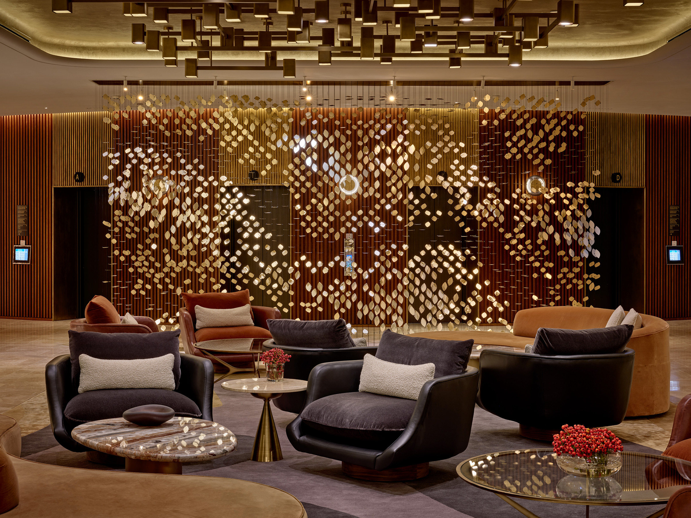 The lobby lounge beneath the Falling Still installation, London Hilton on Park Lane