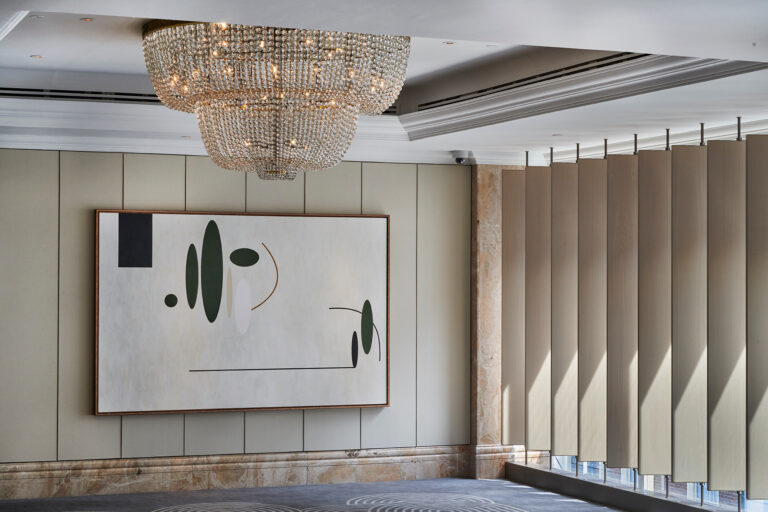 The Grand Ballroom foyer with its crystal chandelier, London Hilton on Park Lane
