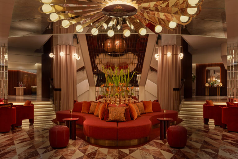 Seating beneath the Revery chandelier, London Hilton on Park Lane