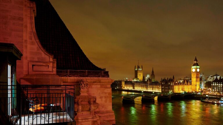 Balcony view towards Big Ben at night, London Marriott Hotel County Hall