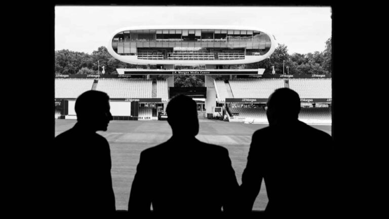 Guests at a Pavilion window looking across the ground, Lord’s Cricket Ground