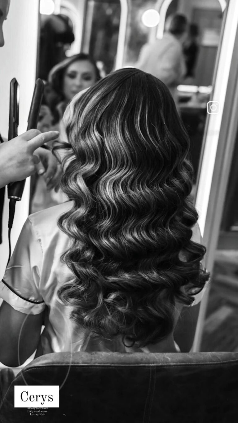 Curled hair from behind, black and white, styled for Cerys, Loxus Hair and Makeup