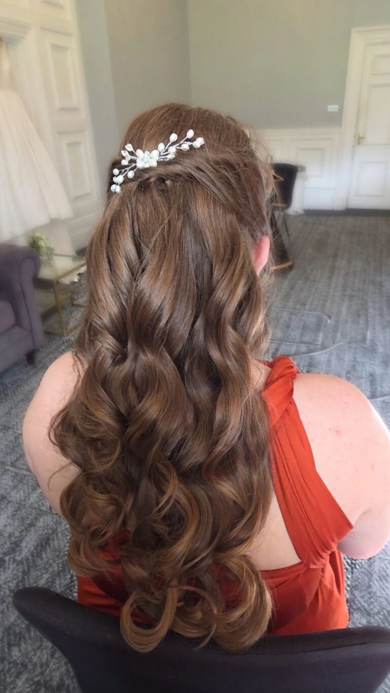 Half-up curls finished with a pearl hair clip, Loxus Hair and Makeup