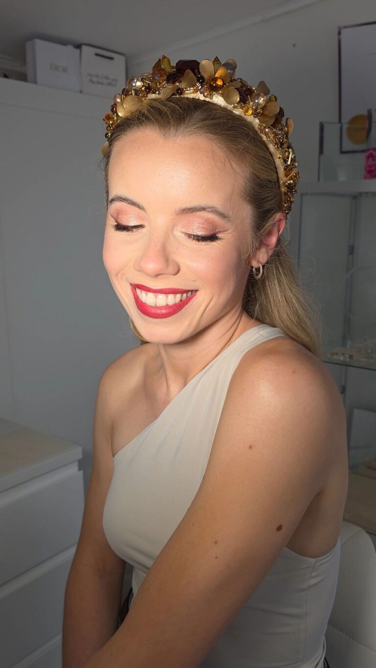 A gold leaf headband and a bold red lip, an evening look, Loxus Hair and Makeup