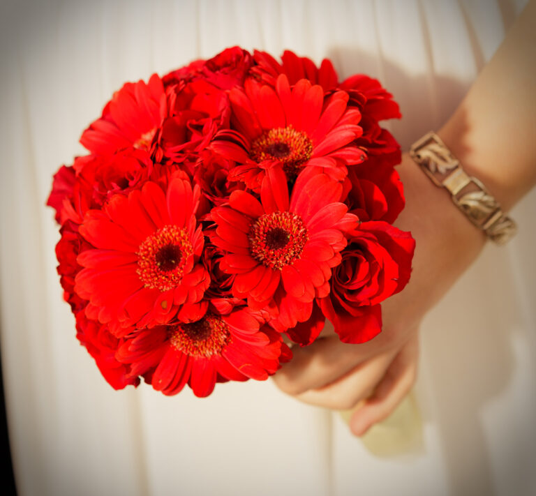 A bride holds a bouquet of red gerberas and roses, Luxwedding Iceland