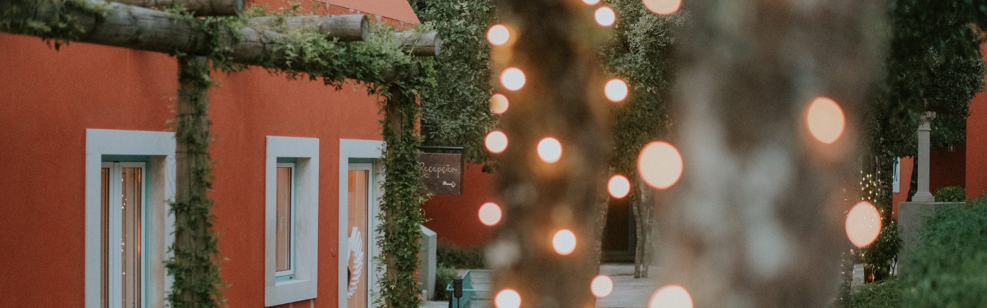 Village house facade with festoon lights in the garden, Luz Houses