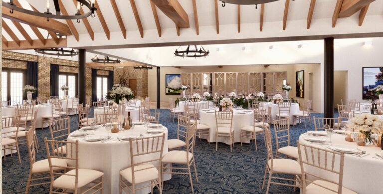 The beamed Hampton Suite dressed with round tables and florals for the reception, Lythe Hill Hotel & Spa