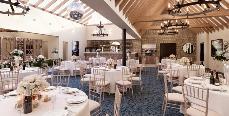 Chiavari chairs and dressed tables beneath the beams of the Hampton Suite, Lythe Hill Hotel & Spa
