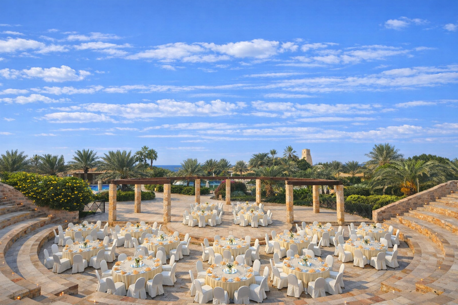 Round tables set in the tiered circular arena, seen from above, Mövenpick Resort & Spa Dead Sea