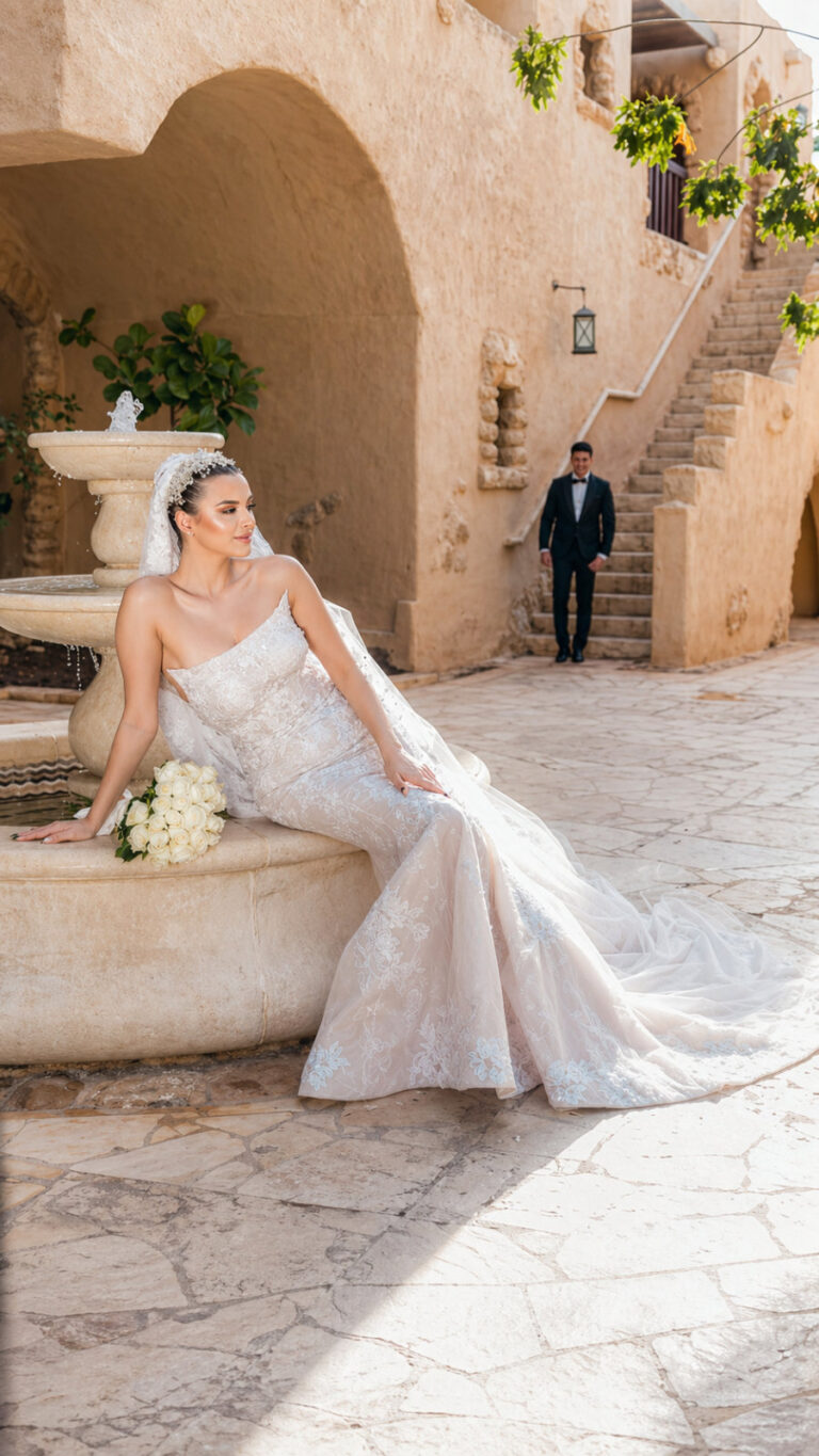 Stone courtyard, fountain and stairway of the resort, Mövenpick Resort & Spa Dead Sea