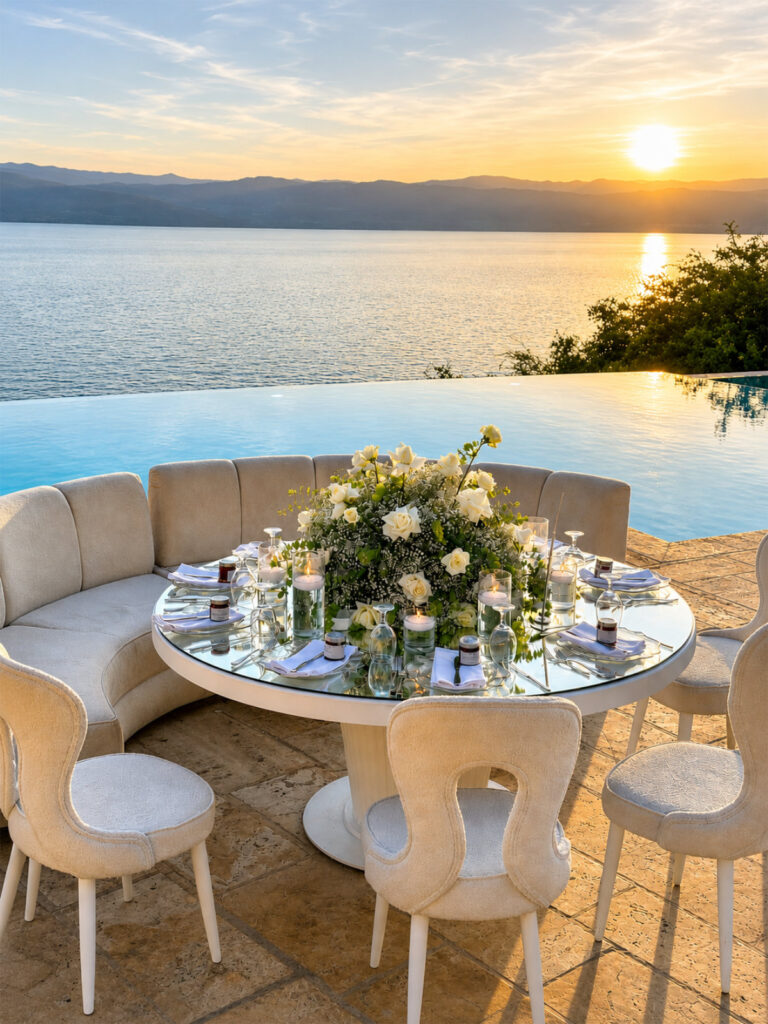 Round table beside the infinity pool at Zara Spa, Mövenpick Resort & Spa Dead Sea