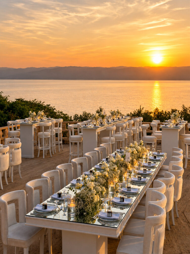 Long table above the Dead Sea at sunset by the Zara Spa infinity pool, Mövenpick Resort & Spa Dead Sea