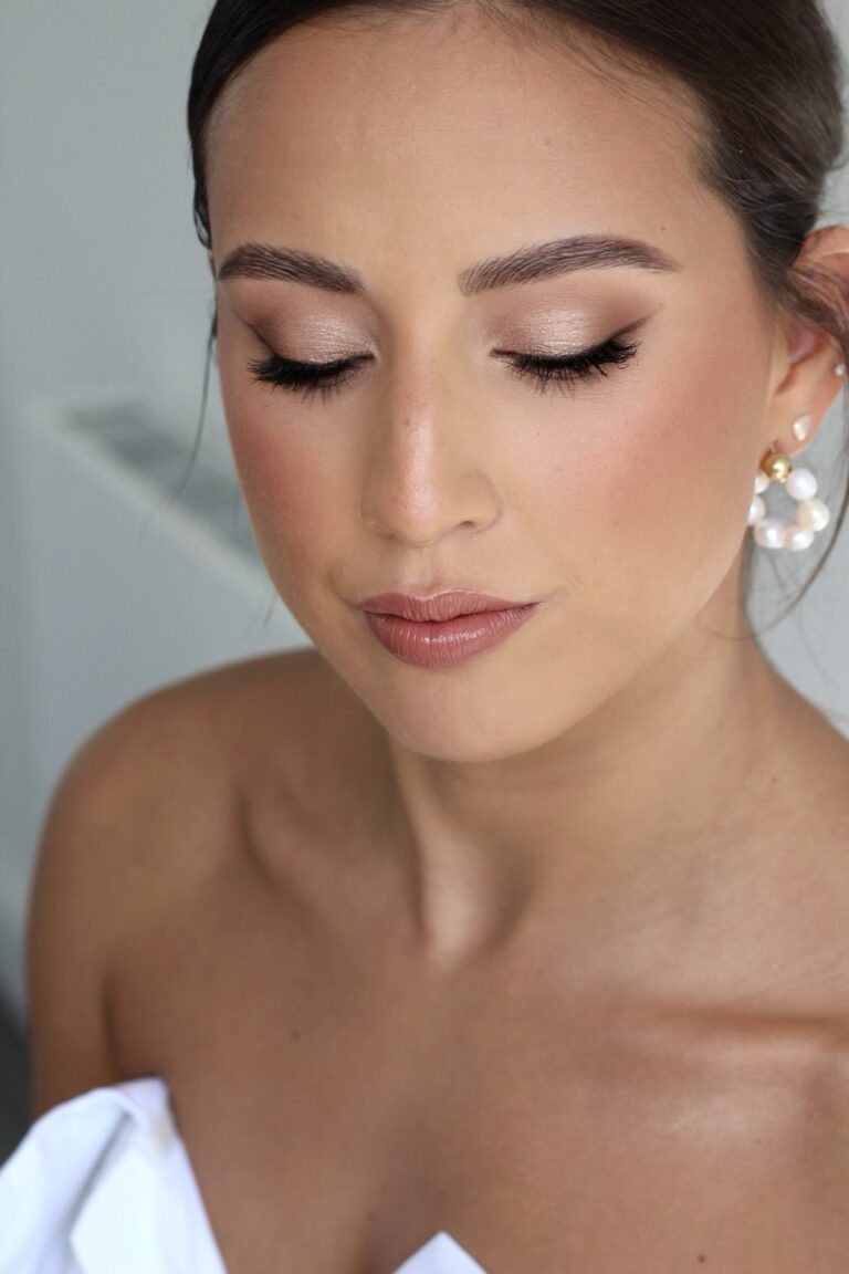 A bride in profile, a single pearl drop earring, soft glam, Makeup By Becky Flynn