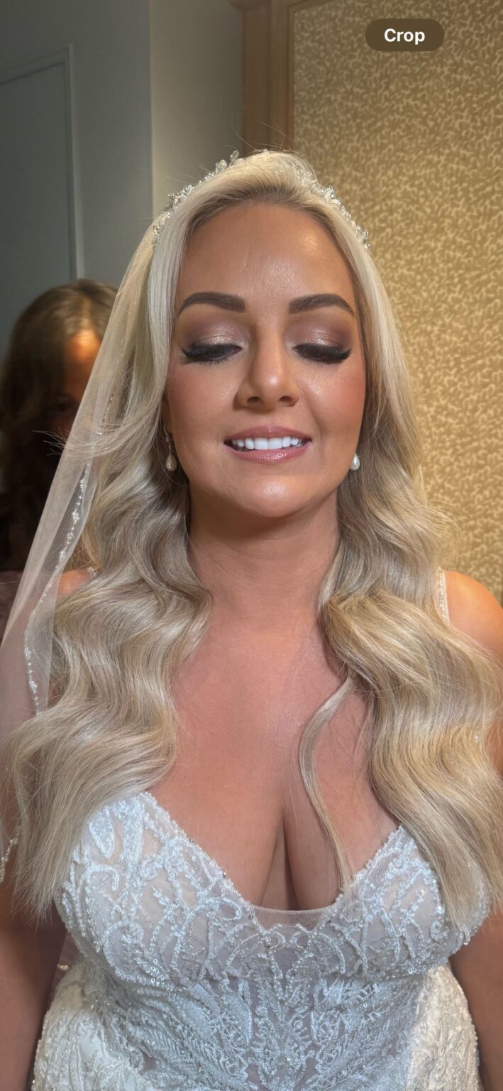 A close bridal portrait, veil and crystal headband, soft waves, Makeup By Mirna