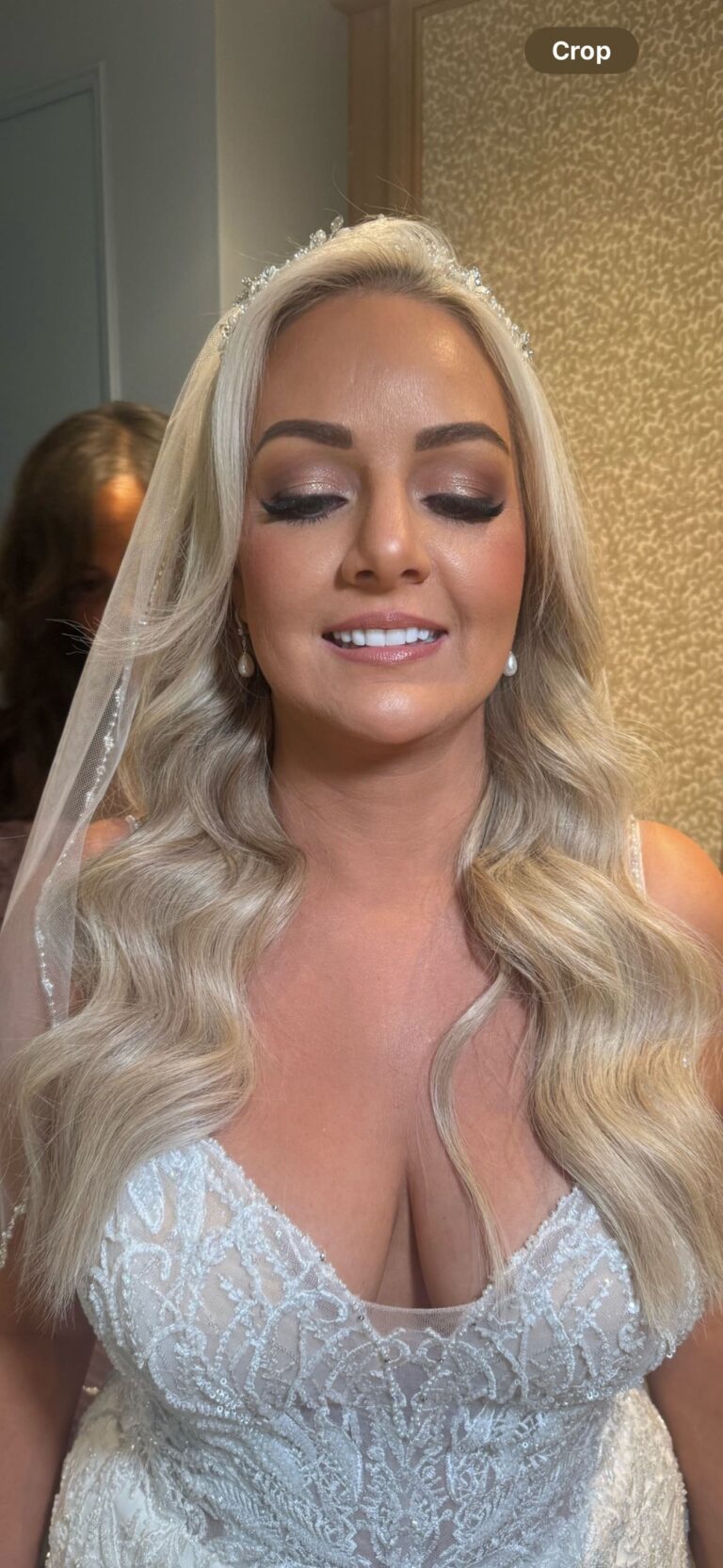 A close bridal portrait, veil and crystal headband, soft waves, Makeup By Mirna