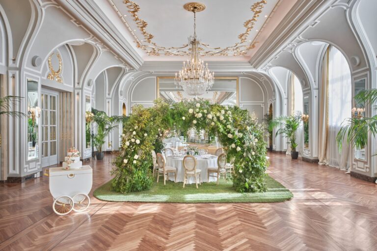 A floral arch set up in the ballroom for a ceremony, Mandarin Oriental Ritz Madrid