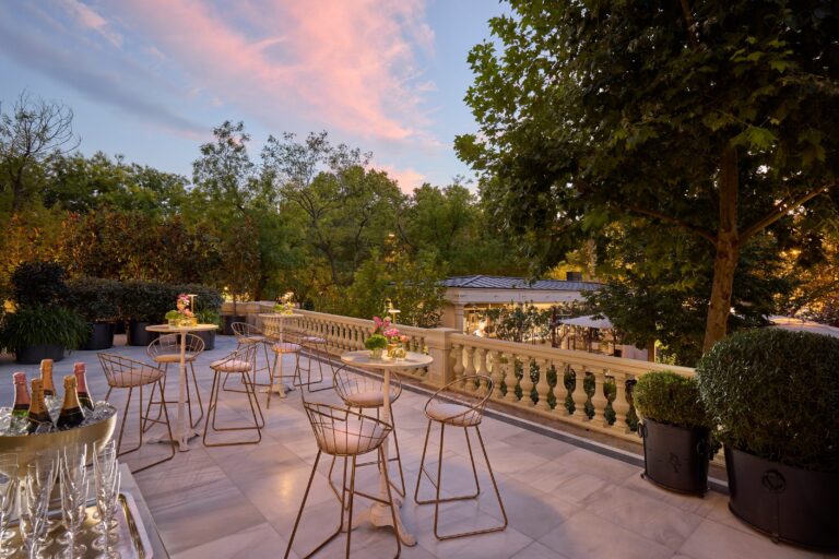 The Terrace over the garden at sunset, set for a reception, Mandarin Oriental Ritz Madrid