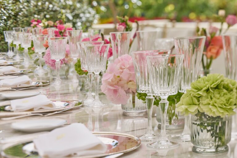 Wedding table with pink flowers and glassware, Mandarin Oriental Ritz Madrid