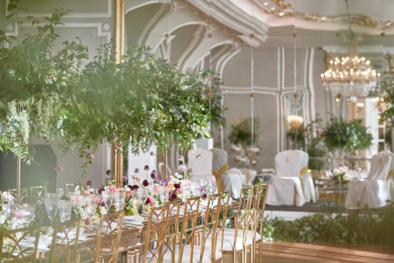 Ballroom decorated with greenery for a wedding dinner, Mandarin Oriental Ritz Madrid