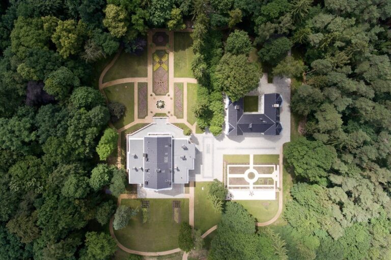 Palace, annex and formal gardens seen from directly above, Manowce Palace