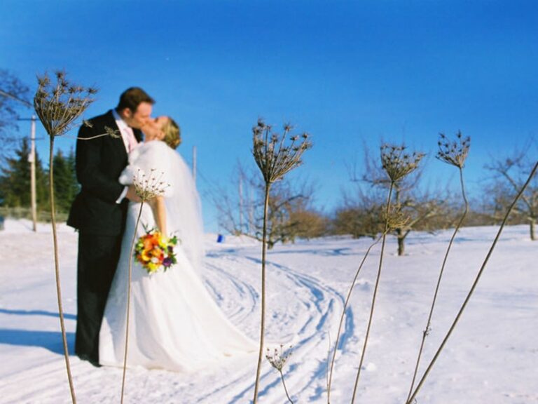A couple kissing in a snowy field under a blue sky, the bride holding a bright bouquet, Maple Leaf Weddings