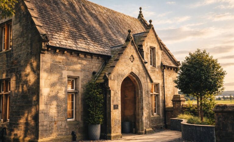 A stone lodge on the estate in the evening light, Mar Hall Golf & Spa Resort