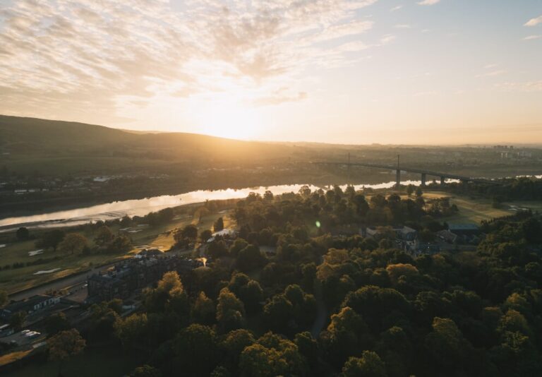 The estate and the River Clyde at sunset, seen from above, Mar Hall Golf & Spa Resort